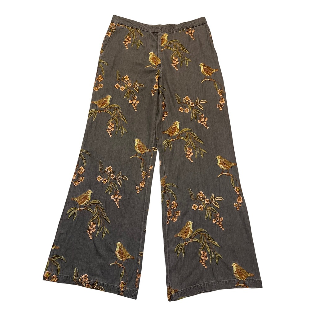 Unique Embroidered Bird Trousers 100% Cotton Gray Whimsical Wide Leg Pants 10